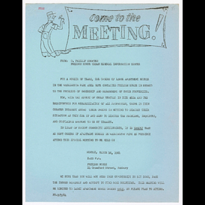 Flier for meeting about Washington Park apartment home owners to be held March 16, 1964 at Freedom House