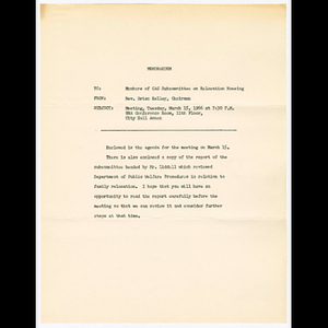 Memorandum from Rev. Brian Kelley to members of Citizens Advisory Committee (CAC) Subcommittee on Relocation Housing about reading report prior to March 15, 1966 meeting and report of subcommittee to review Department of Public Welfare procedures