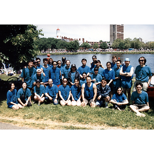 Dragon Boat Festival race team poses for a photograph along the Charles River