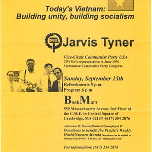 Flier advertising a lecture with Jarvis Tyner, "Today's Vietnam: building unity, building socialism"