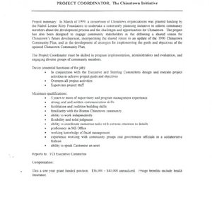 Chinatown Initiative job descriptions for project coordinator, urban planner, and youth outreach worker