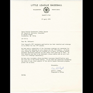 Little League Baseball insurance renewal confirmation for the 1971 season