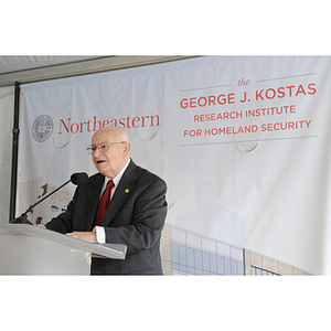 Dr. George J. Kostas speaks at the groundbreaking ceremony for the George J. Kostas Research Institute for Homeland Security, located on the Burlington campus of Northeastern University