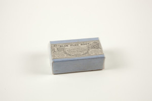 Box for blue flac root, B.O. & G.C. Wilson, wholesale botanic druggists, Merchants' Row, Boston, Mass., undated