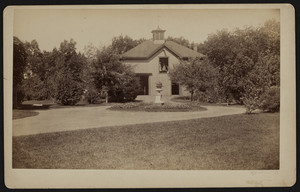 Exterior view of the stable on the Elisha Dillingham Bangs Estate on Central Street, entrance to Rangeley, Winchester, Mass., 1889