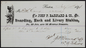 Billhead for John P. Barnard & Co., Dr., boarding, hack and livery stables, No. 32 Joy and 23 Myrtle Streets, Boston, Mass., dated July 23, 1872