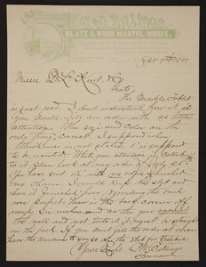 Letterhead for G. W. Billings, slate & wood mantel works, Troy, New Hampshire, dated September 9, 1889