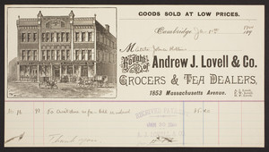 Billhead for Andrew J. Lovell & Co., grocers & tea dealers, 1853 Massachusetts Avenue, Cambridge, Mass., dated January 12, 1900