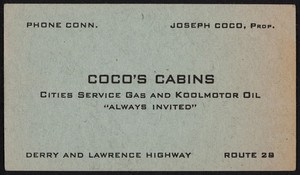 Trade card for Coco's Cabins, Derry and Lawrence Highway, Route 28, Derry, New Hampshire, 1946-1947