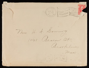 Envelope addressed to Mrs. H.A. Gowing, 1041 Beacon Street, Brookline, Mass., March 6, 1900