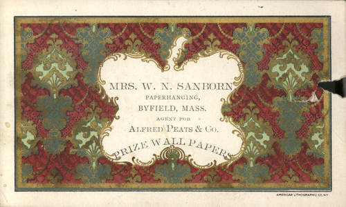 Trade card for Mrs. W.N. Sanborn, paperhanging, Byfield, Mass., ca. 1902