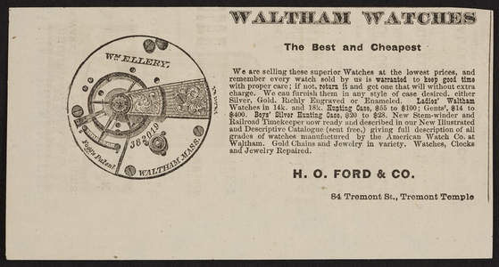 Advertisement for Waltham Watches, H.O. Ford & Co., 84 Tremont Street, Tremont Temple, Boston, Mass, undated