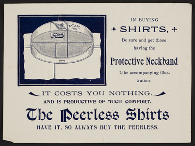 Trade card for The Peerless Shirts, location unkown, undated
