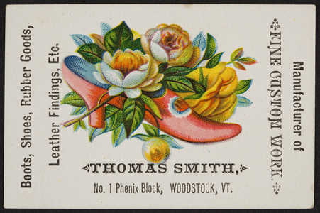Trade card for Thomas Smith, shoes, No. 1 Phenix Block, Woodstock, Vermont, undated