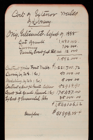Thomas Lincoln Casey Notebook, Professional Memorandum, 1889-1892, undated, 19, Cost of Exterior Walls of Library