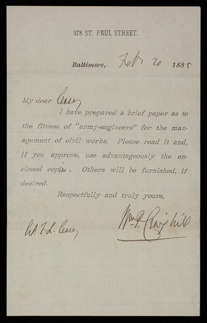 William P. Craighill to Thomas Lincoln Casey, February 20, 1885