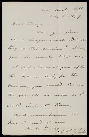 Professor J. B. Wheeler to Thomas Lincoln Casey, February 3, 1879