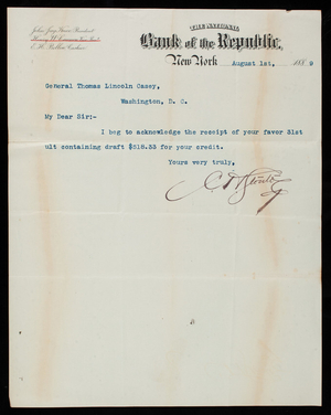 Bank of the Republic to Thomas Lincoln Casey, August 1, 1889