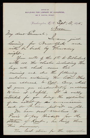 Bernard R. Green to Thomas Lincoln Casey, September 3, 1895