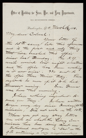 Bernard R. Green to Thomas Lincoln Casey, March 16, 1888