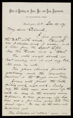 Bernard R. Green to Thomas Lincoln Casey, December 23, 1887
