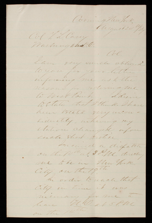 D. W. Payne to Thomas Lincoln Casey, August 24, 1869