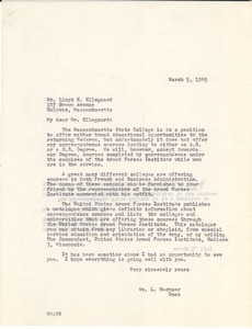 Letter from Massachusetts State College to Lloyd H. Ellegaard