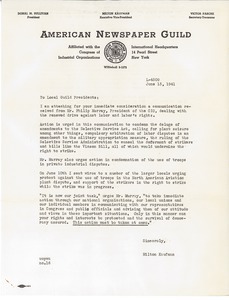 Letter from Milton Kaufman to Local Presidents, American Newspaper Guild
