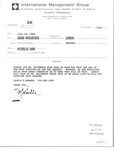 Fax from Michelle Lane to Sarah Wooldridge