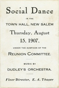 Program for a social dance in the New Salem town hall