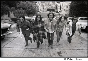 Five friends walking up a steep San Francisco street: Verandah Porche (far left)