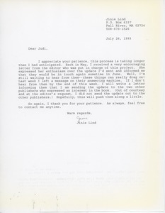 Letter from Jinie Lind to Judi Chamberlin