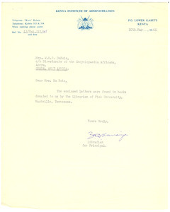 Letter from Kenya Institute of Administration to Mrs. W. E. B. Du Bois