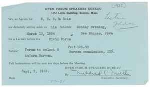 Postcard from Open Forum Speakers Bureau to W. E. B. Du Bois