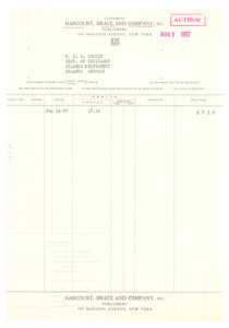 Invoice from Harcourt, Brace and Company to W. E. B. Du Bois