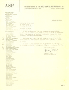 Letter from National Council of the Arts, Sciences and Profession to W. E. B. Du Bois