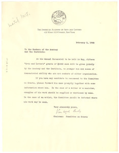 Circular letter from American Academy of Arts and Letters to W. E. B. Du Bois