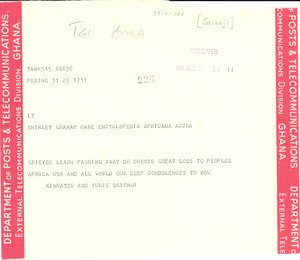 Telegram from Kinkatzu and Yuki Saionji to Shirley Graham Du Bois