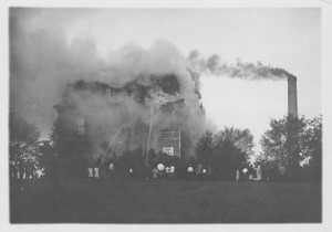 Chemistry Building (also known as College Hall) in flames, Massachusetts Agricultural College