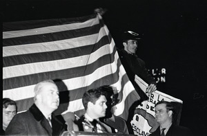Young Americans for Freedom pro-Vietnam War demonstration, Boston Common: Dapper O'Neil speaking in front of American flag