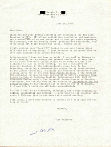 Correspondence from Lou Sullivan to Jean Aarle (June 30, 1990)