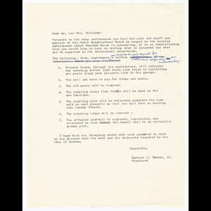 Draft of letter from Herbert E. Tucker, Jr. to Mr. and Mrs. John A. Williams about housing development