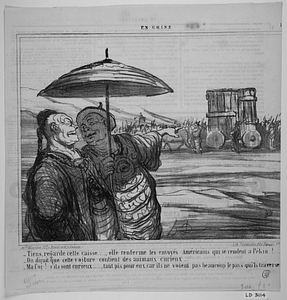 - Tiens, regarde cette caisse....., elle renferme les envoyés Américains qui se rendent à Pékin!.... - On dirait que cette voiture contient des animaux curieux.... - Ma foi! s'ils sont curieux......., tant pis pour eux, car ils ne voient pas beaucoup le pays qu'ils traversent!