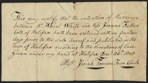 Marriage Intention of Abial White and Joanna Fuller, 1800