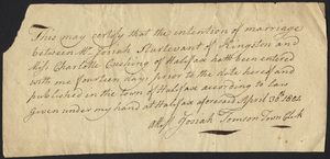 Marriage Intention of Josiah Sturtevant of Kingston, Massachusetts and Charlotte Cushing, 1801