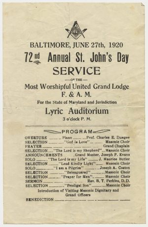 72nd annual St. John's Day service of the Most Worshipful Grand Lodge handbill, 1920 June 27