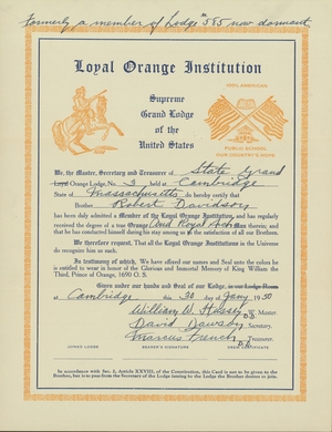 Membership certificate issued by State Grand Orange Lodge, No. 3, to Robert Davidson, 1950 January 30