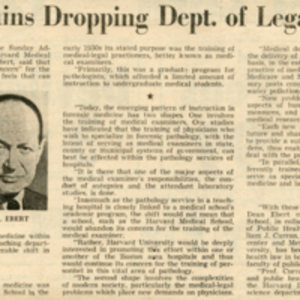 "Dean explains dropping Dept. of Legal Medicine" from the Boston Sunday Advertiser, August 13, 1967.