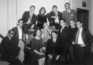 Members of Suffolk University's Jazz Society, including Israel Horovitz (seated on piano with cigarette), 1961