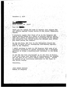 Correspondence between John Joseph Moakley and South Boston constituent regarding busing, and bumper sticker, 1 December 1975